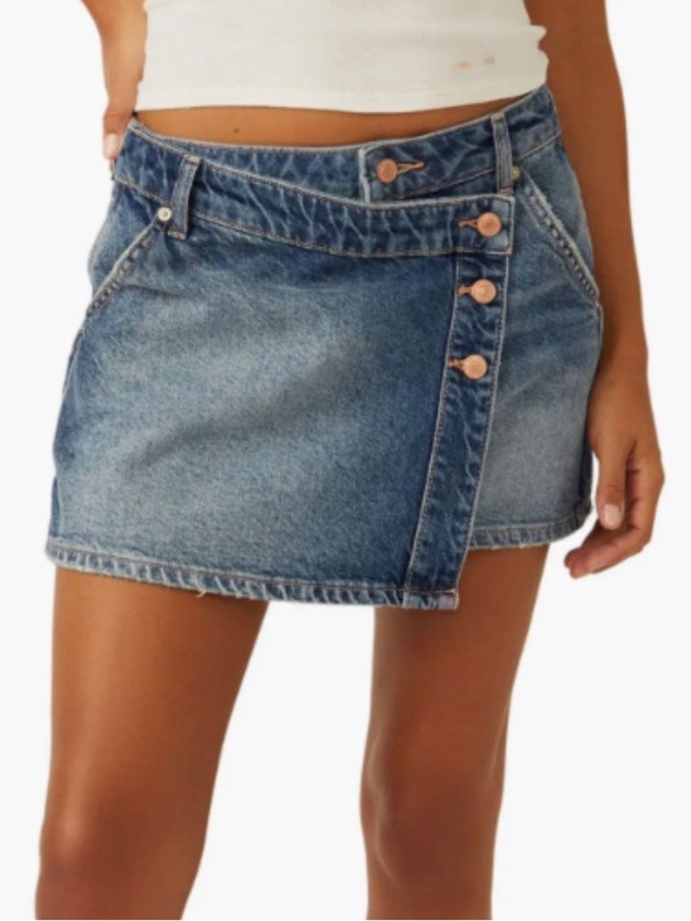 FREE PEOPLE Wynne Denim Mini Skirt in Cornflower Blue Size 28 New NWOT Wrap